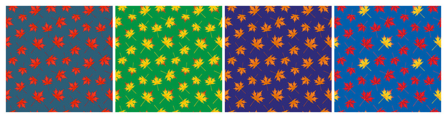 Set of seamless patterns with maple leaves. Repeat botanical patterns. Vector illustration.