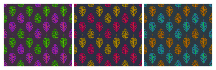 Set of geometric seamless patterns with zigzag rows of monstera tropical leaves with veins. Repeat symmetrical botanical pattern. Vector illustration.