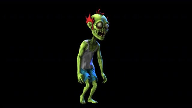 Seamless animation of a walking zombie isolated with alpha channel. Funny cartoon character for Halloween background.