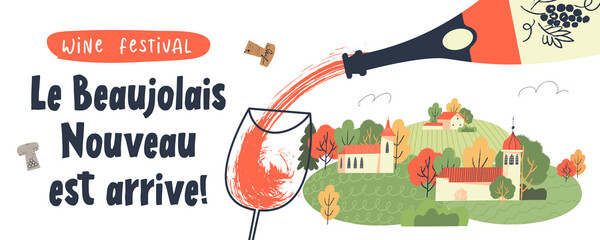 Beaujolais Nouveau has arrived, the phrase is written in French. Vector illustration. - 374826570