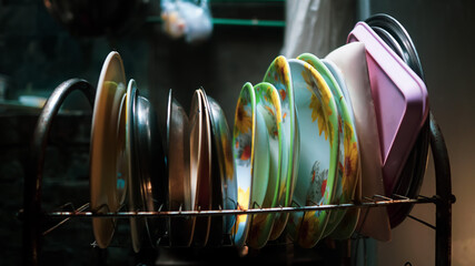 close up of a dish rack in south asia