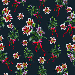 Seamless pattern with retro flowers on a dark blue background. Vector illustration.