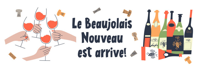 Beaujolais Nouveau has arrived, the phrase is written in French. Vector illustration. - 374826727