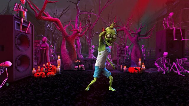 Seamless animation of a zombie thriller dancing in a party at a graveyard with skeletons and pumpkins. Funny cartoon character for Halloween background.