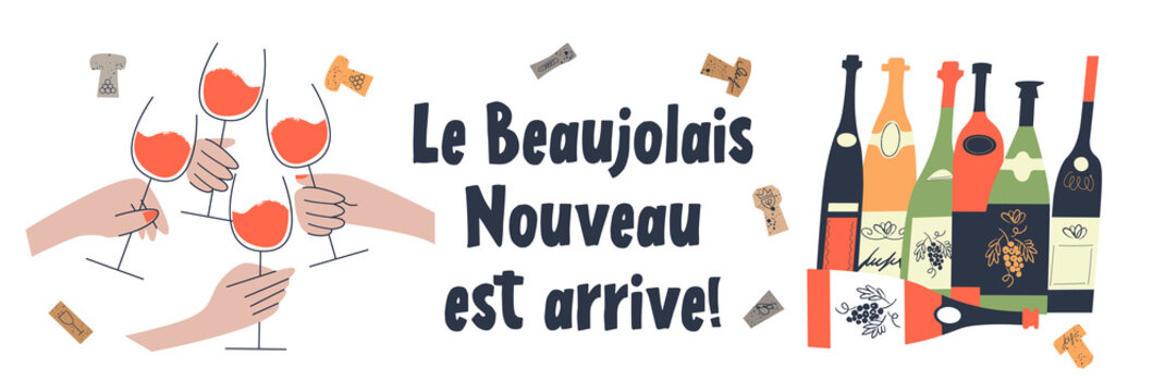 Beaujolais Nouveau has arrived, the phrase is written in French. Vector illustration.