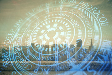 Data theme hologram drawing on city view with skyscrapers background double exposure. Technology concept.