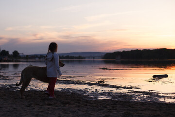 a girl plays with a dog on a sandy beach by the river at sunset