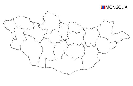 Mongolia map, black and white detailed outline regions of the country.