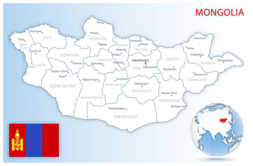 Detailed Mongolia administrative map with country flag and location on a blue globe.