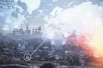Double exposure of social network theme drawing and cityscape background. Concept of people connecton.