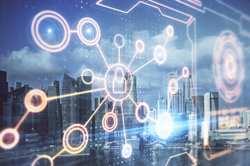 Double exposure of social network theme drawing and cityscape background. Concept of people connecton.