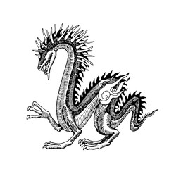 decorative horned dragon with flames, symbol of good luck, fantasy animal, vector illustration with black ink contour lines isolated on a white background in a cartoon & hand drawn style