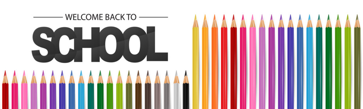 School banner or header. Coloring pencils on white background. 3d realistic illustration.