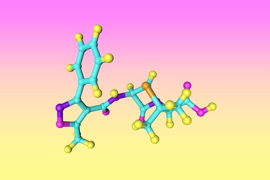 Molecular model of oxacillin, a penicillin beta-lactam antibiotic used to the treatment of bacterial infections caused by gram-positive microbes. Scientific background. 3d illustration