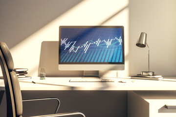Modern computer screen with abstract creative financial chart, research and analytics concept. 3D Rendering
