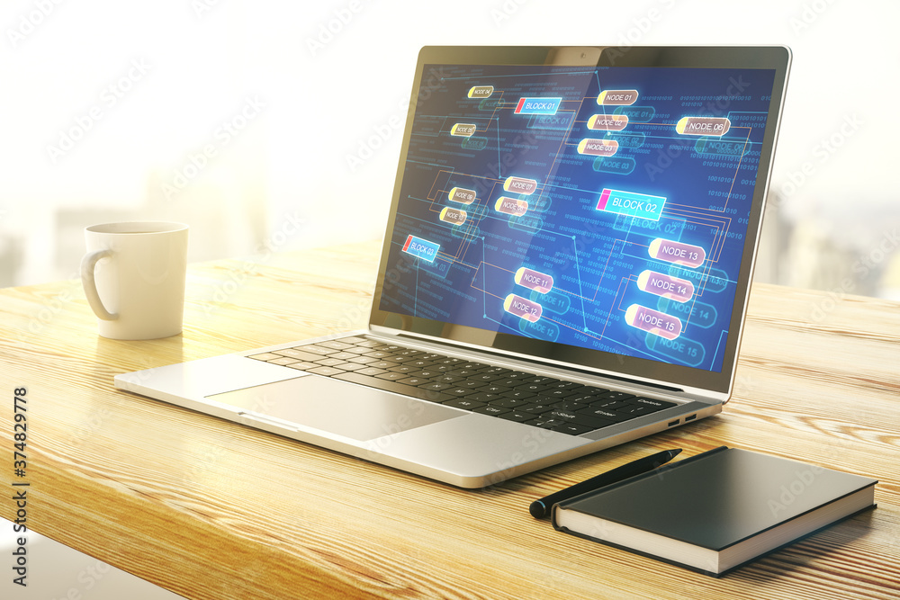 Poster modern computer monitor with abstract programming language, research and development concept. 3d ren