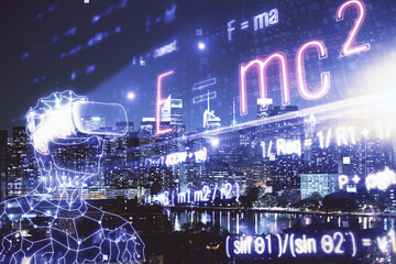 Double exposure of sience formula drawing and cityscape background. Concept of education.