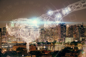Fototapeta na wymiar Brain hologram drawing on city scape background Double exposure. Brainstorming concept.