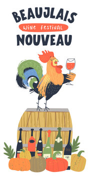 Beaujolais Nouveau, French wine festival. A cheerful bright colorful rooster with a glass of red wine. Vector illustration.