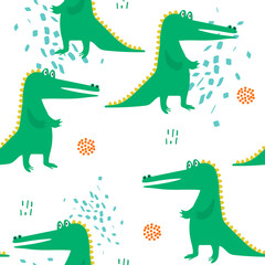Crocodiles, hand drawn backdrop. Colorful seamless pattern with animals. Decorative cute wallpaper, good for printing. Overlapping background vector. Design illustration