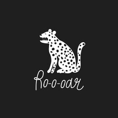 Decorative cute illustration with leopard, poster design. Background vector. Cartoon wallpaper. Hand drawn backdrop with animal, english text