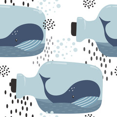 Happy whales, hand drawn seamless pattern. Marine background vector. Colorful illustration, overlapping backdrop. Decorative cute wallpaper, good for printing