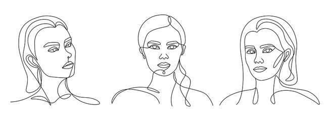 Modern abstract faces. Set of three сontemporary outline female silhouette. Continuous line, minimalist concept poster. Trendy hand drawn outline vector illustration