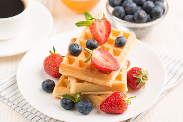 Belgian waffles for breakfast. Dessert food concept. 