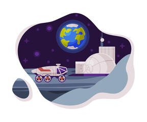 Colonization of Planet Scene, Space Rover and Science Station, Cosmos Industry Exploration Concept Themed Vector Illustration Background