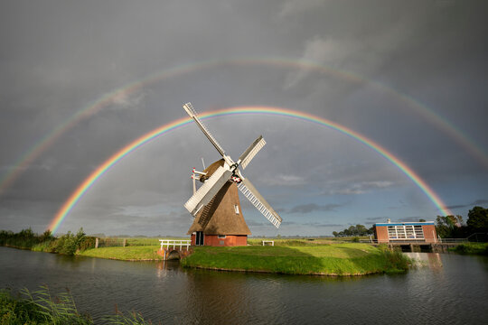 Big Double Rainbow Over Dutch Windmill