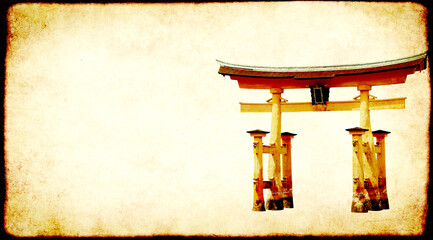 Horizontal banner with Torii gate and vintage paper texture