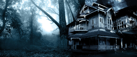 Haunted house. Old abandoned house in the night forest