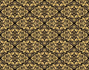 Wallpaper in the style of Baroque. Seamless vector background. Gold and black floral ornament. Graphic pattern for fabric, wallpaper, packaging. Ornate Damask flower ornament