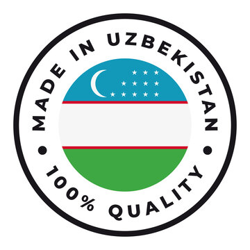 Vector circle symbol. Text Made in Uzbekistan with flag. Isolated on white background.
