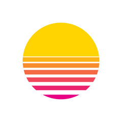 Sun retro sunset or sunrise element 1980s style. Retrowave sun flat design banner isolated illustration