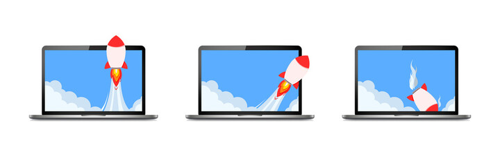 Start up vector rocket launch business, startup on laptop mockup graphic concept backdrop strategy illustration
