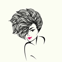 Beautiful woman with elegant hairstyle and makeup.Beauty salon, hairdresser studio, cosmetics and spa icon.Pink lipstick.Young lady portrait.Wavy hair girl.Cute face.