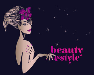 Beautiful woman with flower in her hair, elegant hairstyle, makeup and manicure.Beauty salon, hairdresser, nails art studio.Cosmetics and spa icon.Lipstick and nail polish.Young lady portrait.