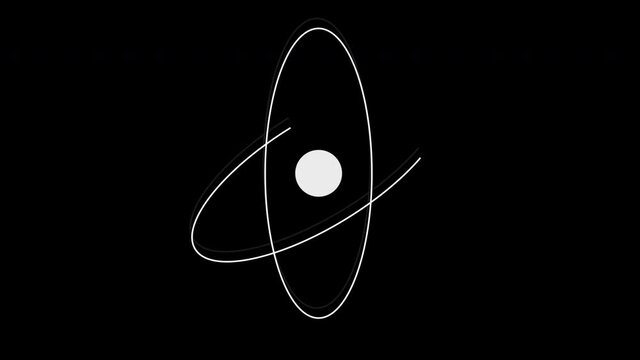 Self drawing animation of atom. Atomic structure symbol. Concept of physics, science. Copy space. Black background.	