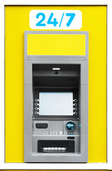 ATM machine, photo of one object in detail as a background, yellow color