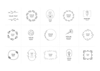 Wedding branding frames and monograms. Circle and squared elegant borders with floral elements. Vector isolated illustration.