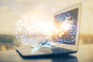 Double exposure of desktop computer and human brain drawing hologram. Ai concept.