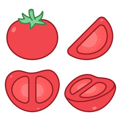 Tomatoes vector cartoon icons set isolated on a white background.