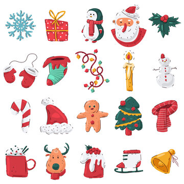 Christmas elements vector cartoon set isolated on a white background.