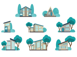 Set of icons for ecological houses and design elements. Collection of cute houses surrounded by greenery, drawn in cartoon style, isolated on a white background. Vector illustration in a flat style.
