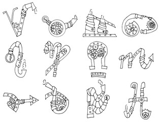 Steampunk horoscope. Vector illustration of zodiac signs in the style of steampunk. A set of hand-drawn zodiac icons made of gears and nuts. Fantastic coloring pages for children. © Nadine.de.trevile