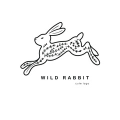 Rustic logo template with rabbit and floral elements. Cute vector illustration with hare isolated on white. Easter bunny illustration concept.