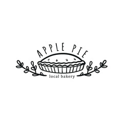 Cute bakery logo with apple pie and floral elements. Rustic logo isolated on white.  - 374835723