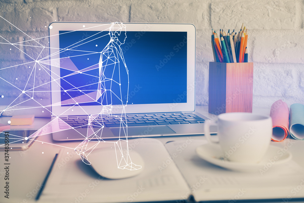 Poster Desktop computer background in office and start up theme hologram drawing. Double exposure. Startup concept.