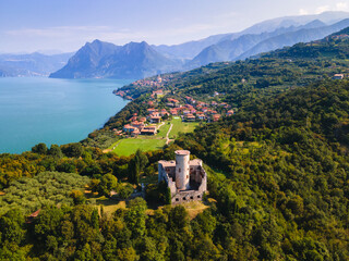 Iseo lake aerial view, Montisola in Lombardy district, Brescia province, Italy